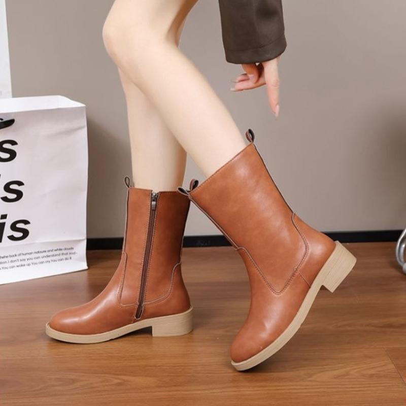 Round Toe Leather Ladies Mid Calf Shoes Autumn Winter Middle Heel Women's Half High Boots Demi-season Y2k Gothic Footwear Sale