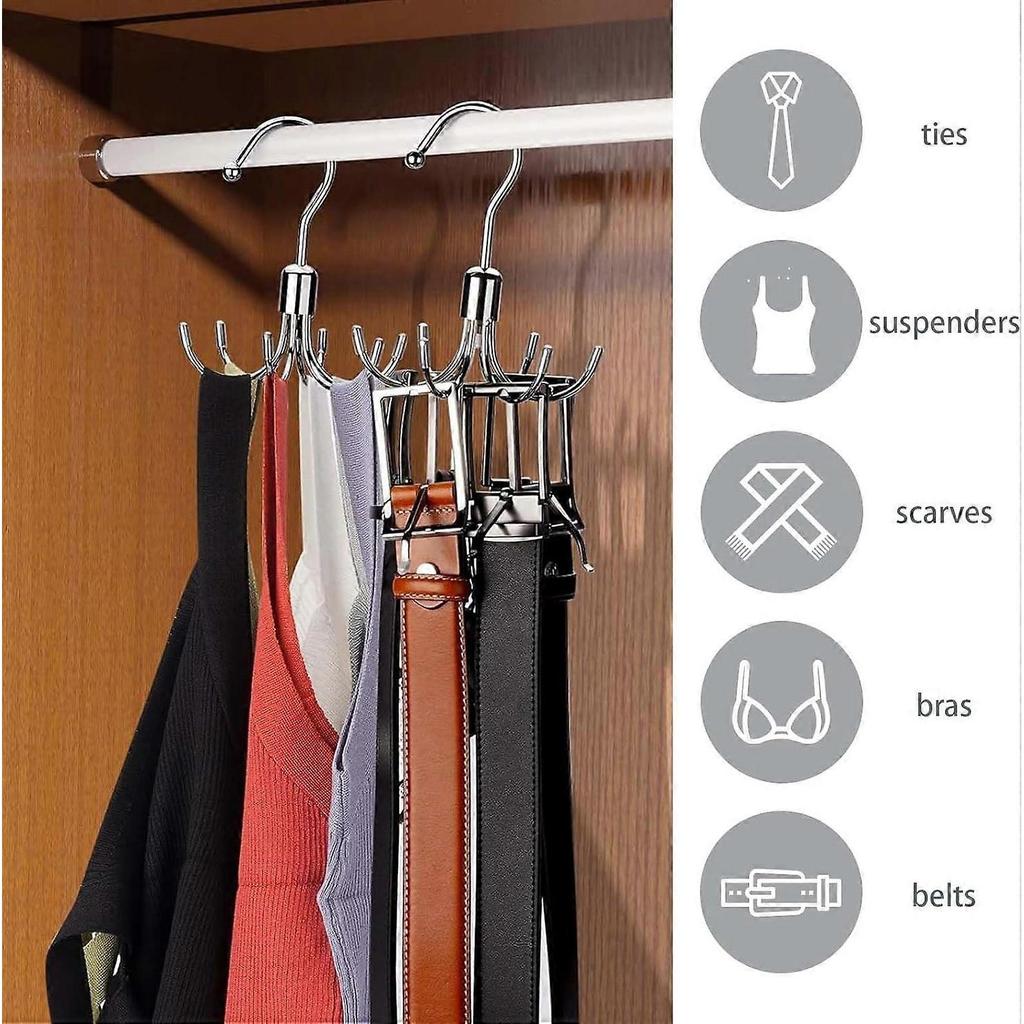 Belt Storage Organizer Pack of 2, 360° Rotatable Clothes Hangers for Ties, Scarves, Hats, Bags, Bras, Silver