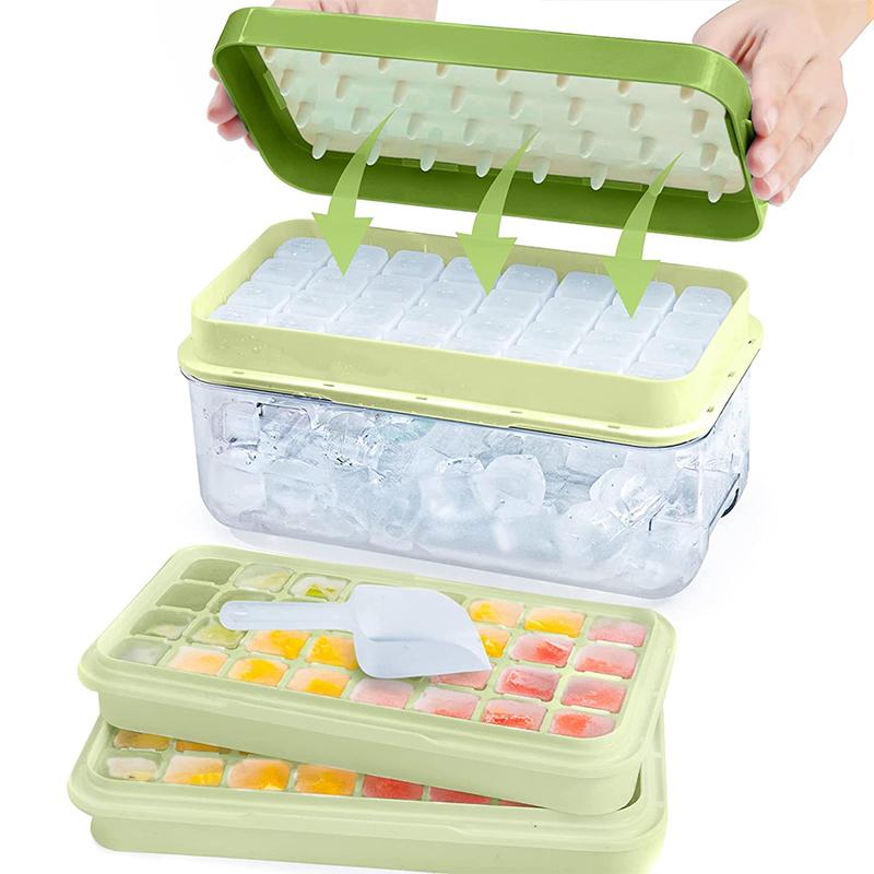 LMETJMA Ice Cube Tray with Stackable 2 Ice Trays Silicone Ice Cube Molds with Storage Bin For Freezer 64 Nuggets JTX478