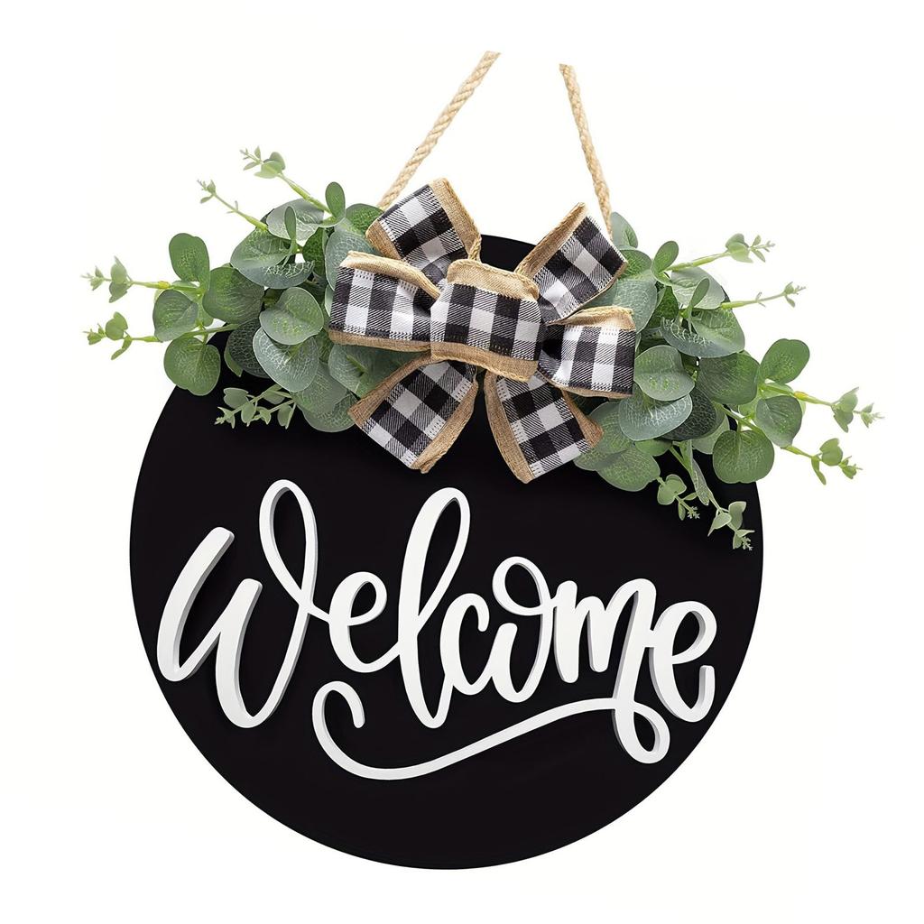 Welcome Door Sign Black Color Wreath Round Shape Hanging Welcome Doorplate for Home