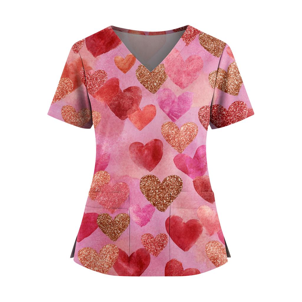 Women's Valentine's Day  Printed V-Neck Double Pocket Short Sleeves Hem Slit  Uniform Caregiver Top