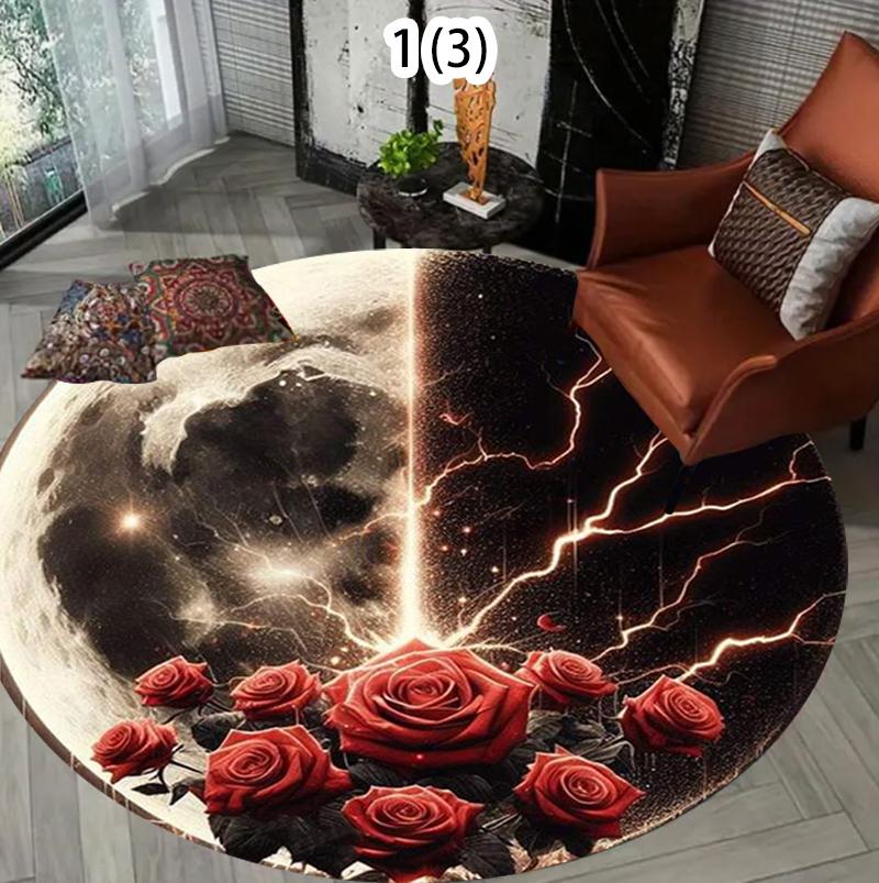 

Romantic Red Roses Round Rug Space Moon Surface Pattern Modern Home Decor Carpet Soft Non-Slip Floor Mat for Living Room Bedroom 100cm
