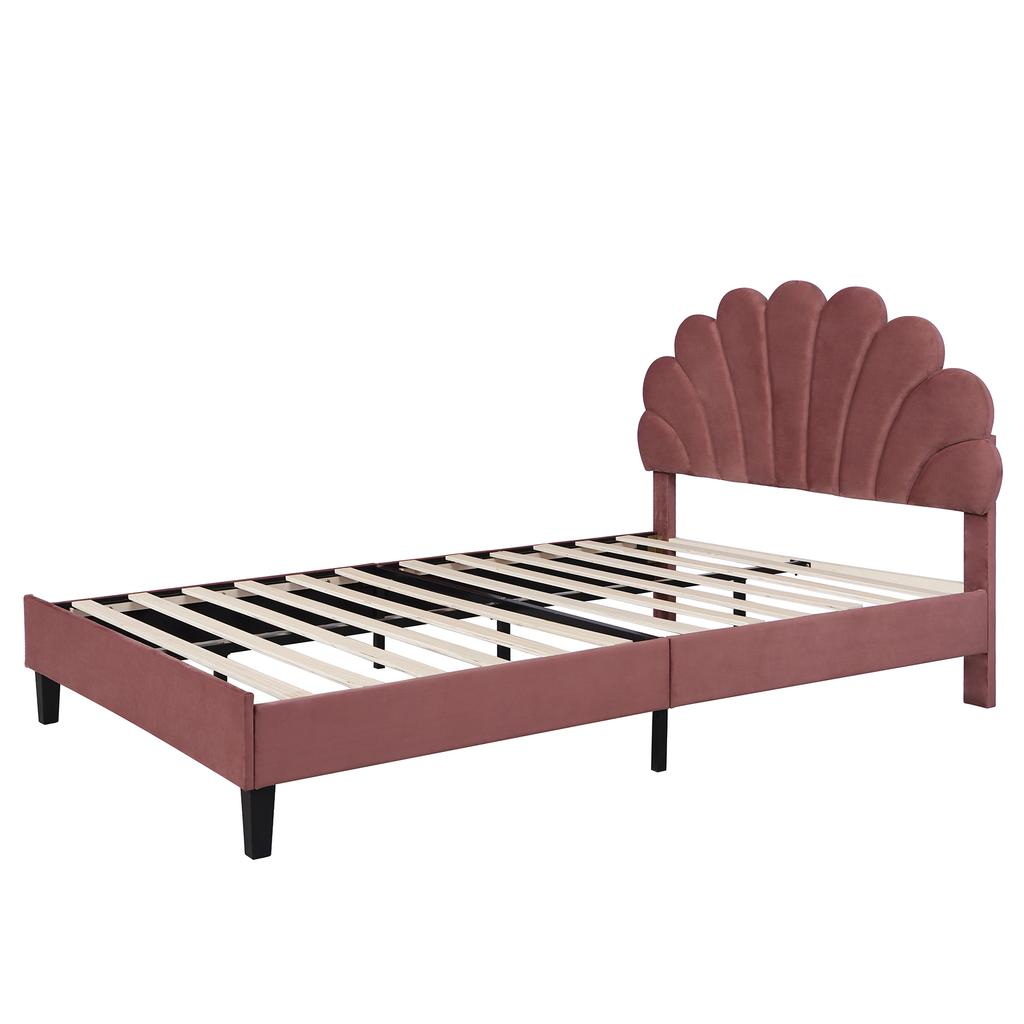 Letto Matrimoniale Imbottito 140 x 200 cm, Struttura Letto con Testiera a Forma di Fiore e Rete a Doghe, Adulto-Ragazzo, Velluto Amico della Pelle, Letto per Ospiti, Rosso Fagiolo