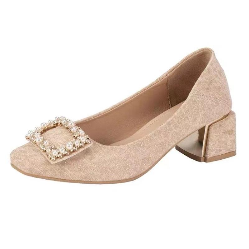 2024 High Quality Women's Shoes Slip-on Women's High Heels Fashion Square Button Office and Career New Crystal Heels Women