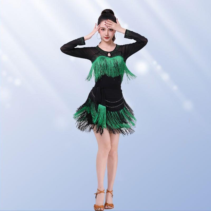 Womens Latin Dance Top With Fringe Rhinestone Embellishment Long Sleeve Modern Ballroom Costume