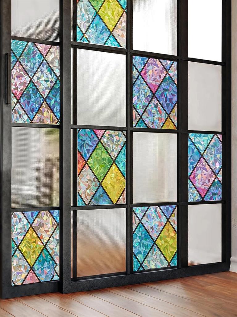 Window Privacy Film Stain Glass Window Film Rainbow Window Film Window Clings Non-Adhesive Reusable Decorative for Room