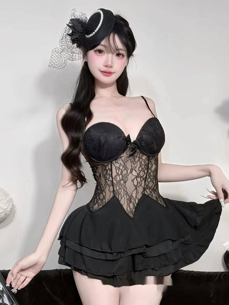 Sexy Lingerie Plus Size Sexy Deep V Lace Transparent Backless Deep V Suspenders Sleeveless Cake Dress Charming Pure Desire U64P