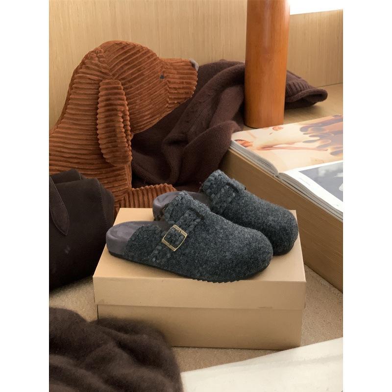 Retro Bag Head Half Slippers One Pedal Belt Buckle Thick-Soled Birkenstocks Women'S Outer Cotton Slippers