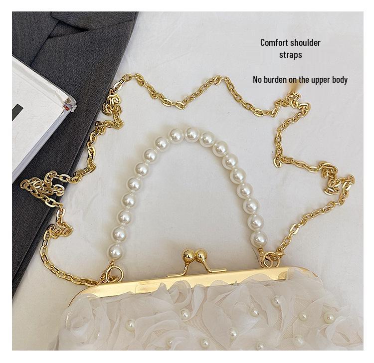 Women's Spring 2025 Pearl Evening Bag with Floral Design and Chain Strap