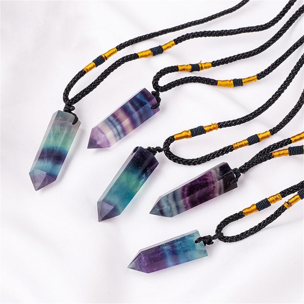 Natural Crystal Rainbow Fluorite Single Point Crystal Jewelry Necklace Polished Healing Crystal Crafts Jewelry Pendant