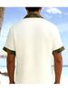 Men's Vacation Collar Short Sleeved Shirt, Solid Color Body, Collar, Cuffs and Hem with Yellow Green Floral Contrasting Edging, Pocket Palm Tree Print