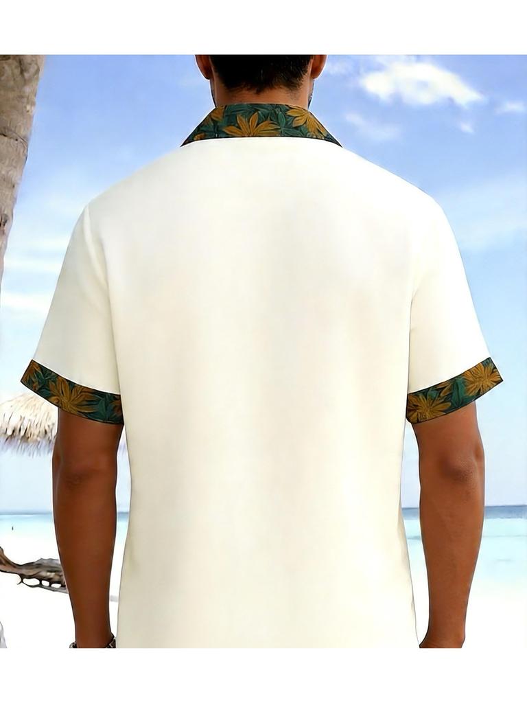 Men's Vacation Collar Short Sleeved Shirt, Solid Color Body, Collar, Cuffs and Hem with Yellow Green Floral Contrasting Edging, Pocket Palm Tree Print