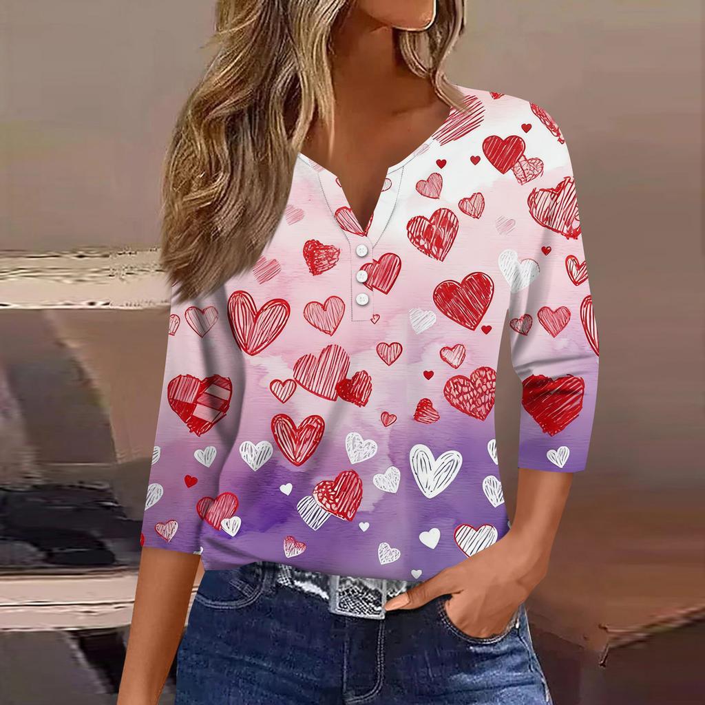 Women's Fashion Button-Up V-Neck Three-Quarter Sleeve Valentine's Day Print Top