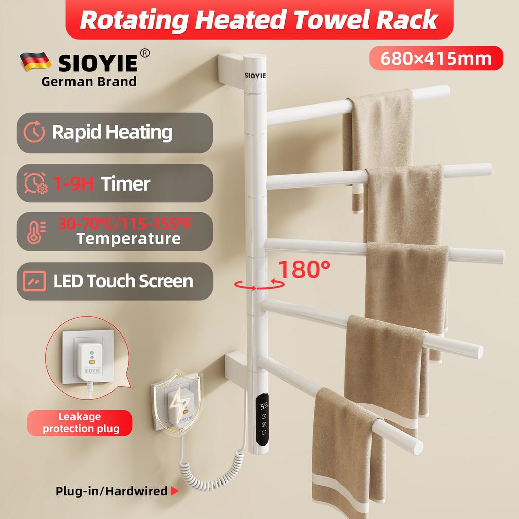 SIOYIE Electric Heated Towel Rack, Rotating Towel Warmer, Smart Bathroom Radiator, Plug-In/Hardwired Heater