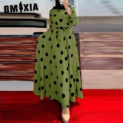 Women's Fashion Spring Autumn Polka Dot Print Long Sleeve O-Neck High Waist Casual Dresses