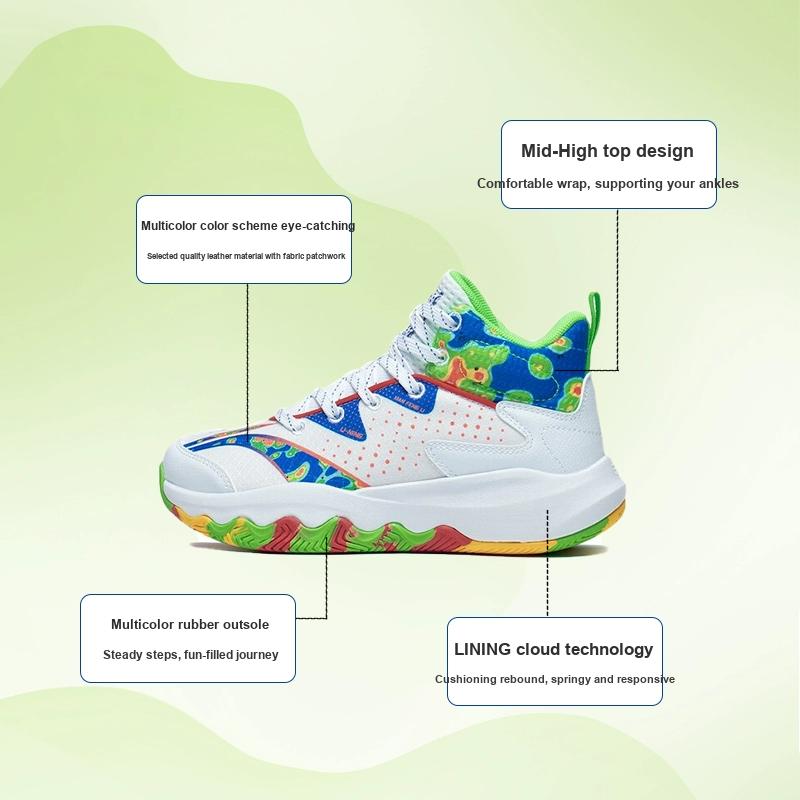 Li Ning Pioneer Primary 3.0 Comfortable Durable Breathable Mid-Top Kids Basketball Shoes Kids Basketball Shoes White Blue Red YKBT006-5