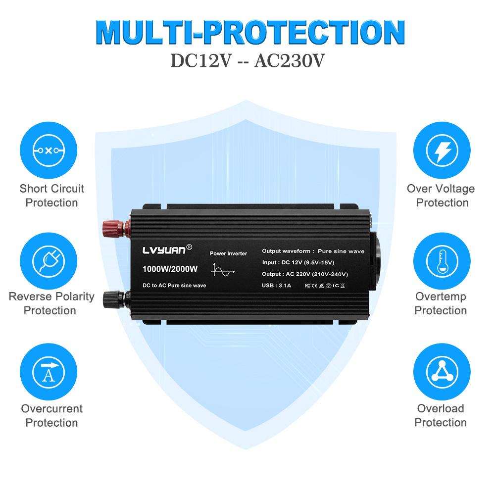 2000W (Vrchol) 12V až 230V 1000W Jmenovitý výkon Pure Sine Inverter 2 x 5V 2,4A USB Vhodné pro kempingové domácí solární systémy mimo síť