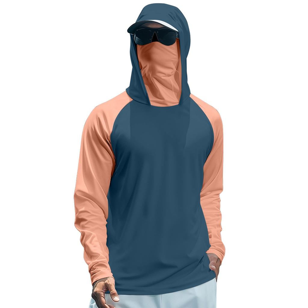 Men's Summer Color Matching Quick-drying Long-sleeved T-shirt Sun Clothing Fishing Fitness Sports Hooded Long-sleeved Top