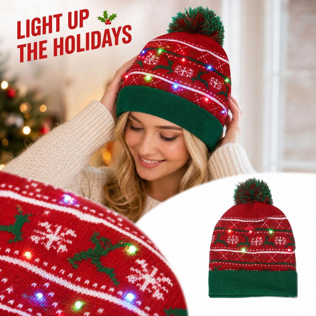 Women's Christmas Light-Up Knit with Design, Multicolor Glowing Winter Hat