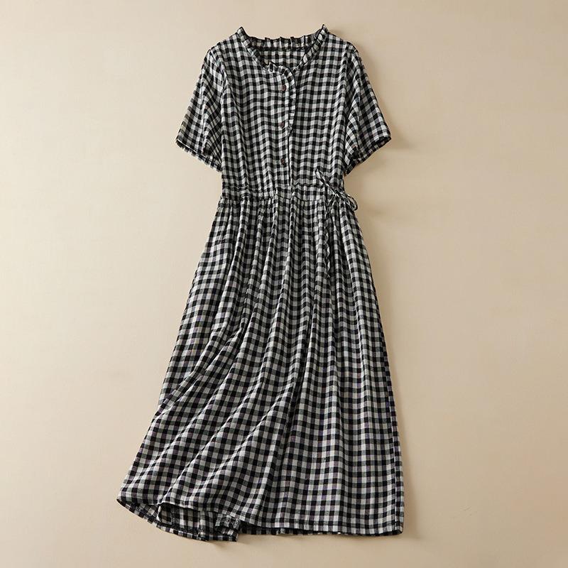 

Summer New Loose Short Sleeved Dress for Women with A Waist Cinched Mid Length Design 2XL