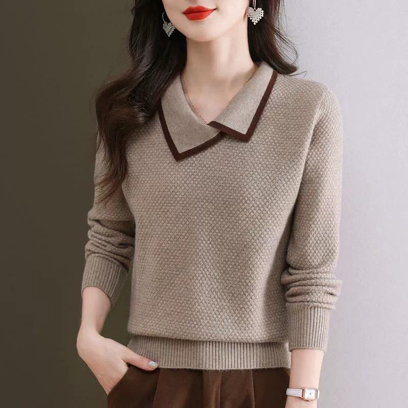Autumn new simple lapel design knitted sweater casual commuting lazy mother top women