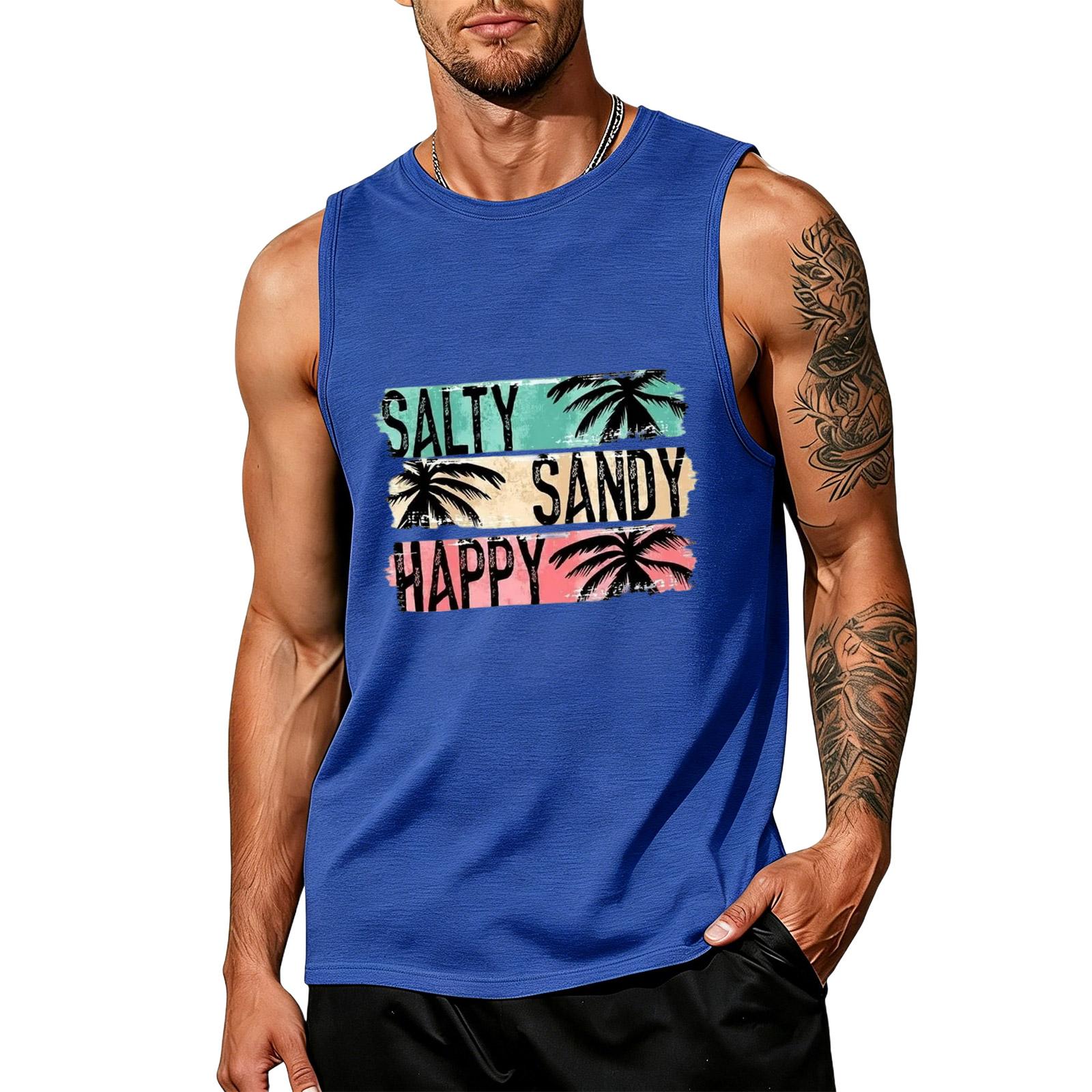 Men’s Sleeveless Tank Top Crew Neck Casual Fit with Happy Letter Print and Tree Graphic for Summer Beach Wear XXXL синий
