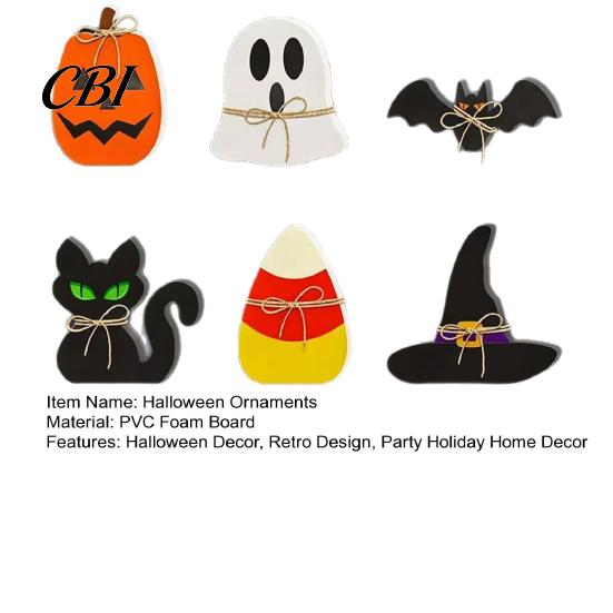 Tiered Tray Halloween Set 6Pcs Decor, Ghost Black Cat Mummy Figurines, Pumpkin Witch Decorations Hat Bat Wooden Ornaments for Shelf Table, Party