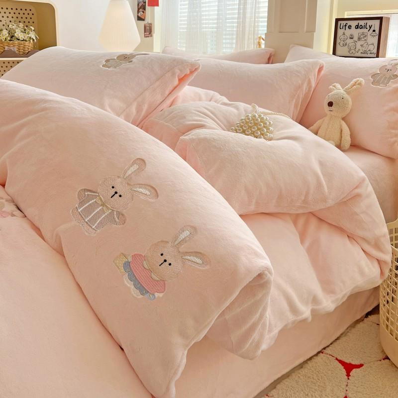 Ins Cute Cartoon Milk Fleece Bedding Set Winter Flannel Duvet Cover Sheet