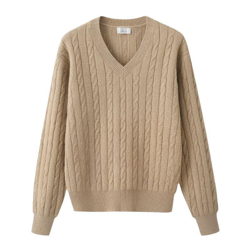 

V Neck Lazy Fancy Soft Glutinous Cable-Knit Sweater Female 2024 New Arrival Autumn and Winter Long Sleeves Inner Wear Knitwear Tops Khaki 2XL