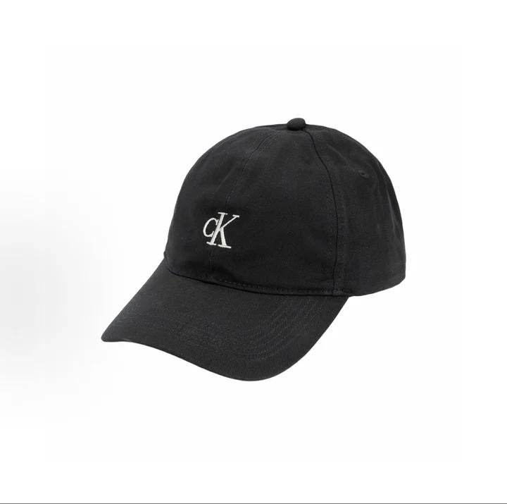 Calvin Klein Mini Monogram Cotton Twill Baseball Cap, Small Contrast CK Logo Embroidery Curved Brim Solid Black Minimal Casual Sun Hat 4G5002G-001