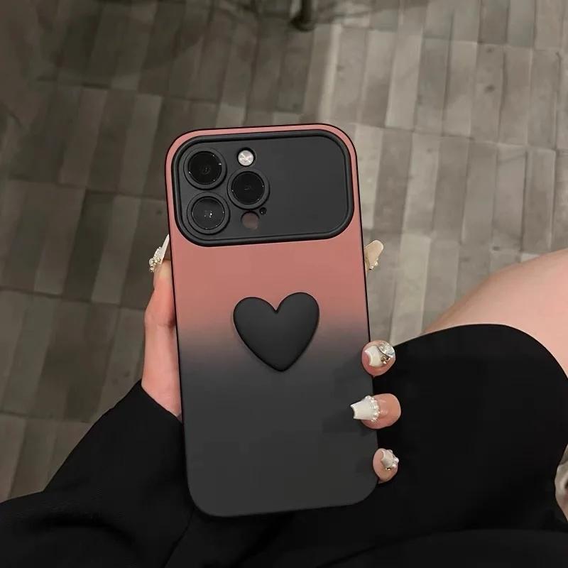 

Милый мягкий чехол для телефона с 3D сердечком градиента цвета с большим окном для iPhone 15 14 13 12 11 Pro Max, защита объектива, противоударный чехол iPhone 13 Pro розовый