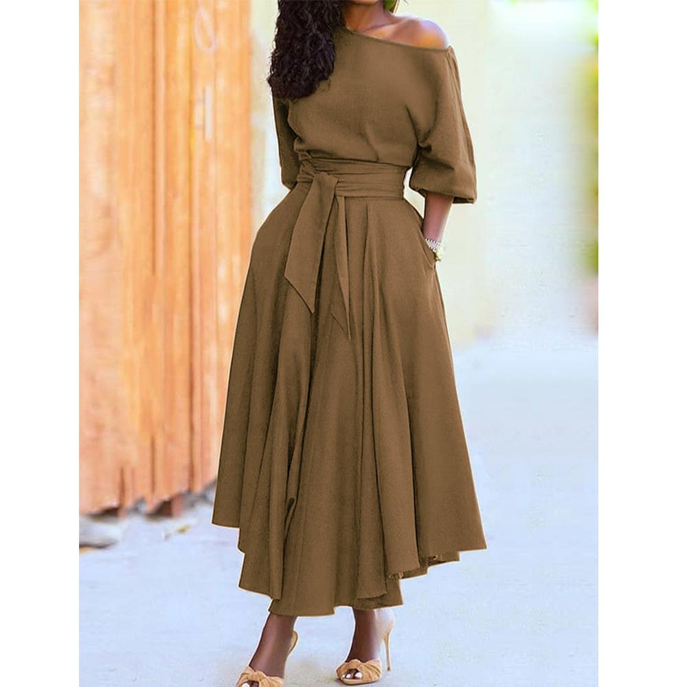 2023 Sommer Schräger Schulterkragen Träger Rock Taille Temperament Einfarbiges Kleid Damen