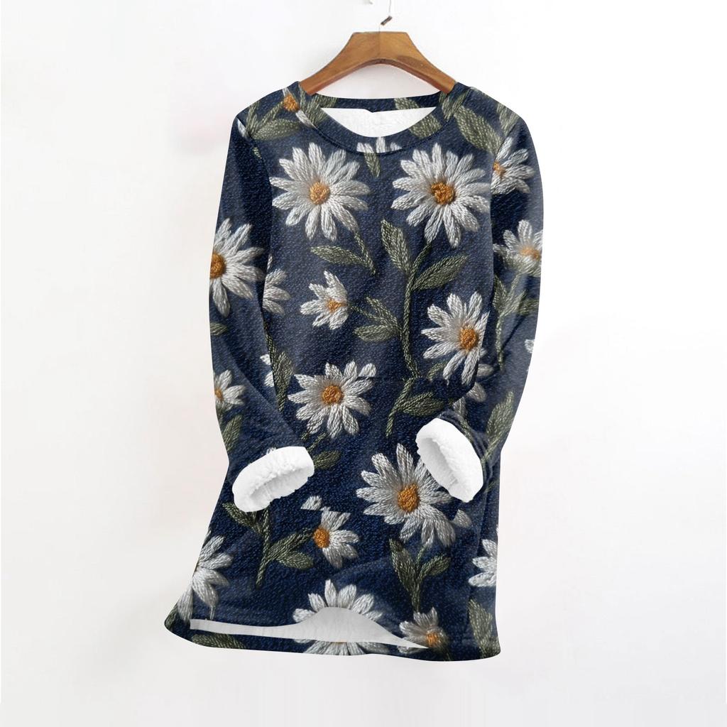 Women's Fashionable Printed Round Neck Long Sleeved Plush Warm Pullover Top