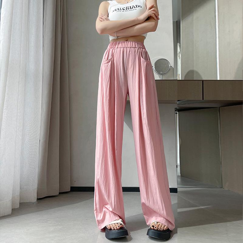 Ice Silk Women's High-Waist Wide Leg Pants - Summer 2025, Thin Apricot Drapey Style