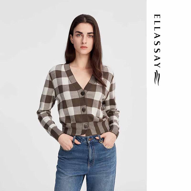 ELLASSAY Women's Merino Wool Plaid Knit Sweater