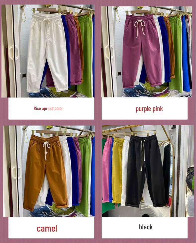 Women's Summer High-Waist Cotton Cropped Pants - Slimming, Harajuku Style, Plus Size, Elastic Waist, Lightweight Casual Wear