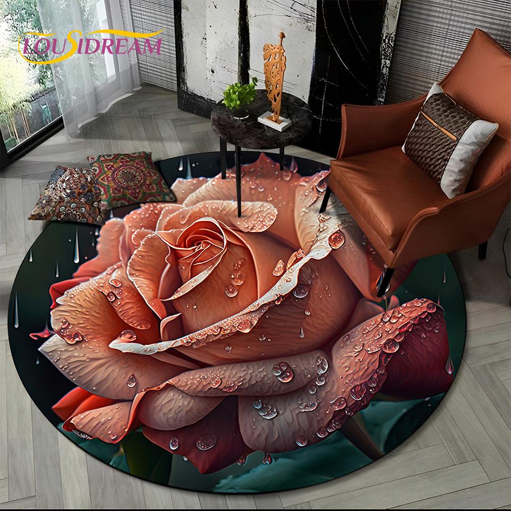 Luxuriöser Sonnenblumen 3D Rosen Nordische Gänseblümchen Runder Teppich Teppich für Wohnzimmer Schlafzimmer Sofa Dekor, Kinderbereich Teppich Rutschfeste Bodenmatte Geschenk