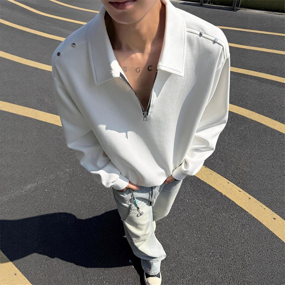 Heavy Semi-zipper Sweater for Men's Design Sense Metal Rivet Decoration Lapel Coat Top