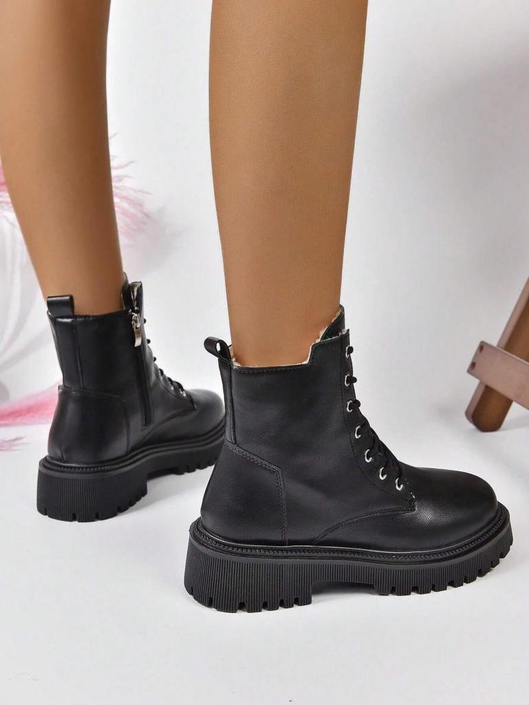 Winter 2026 Lace Up Pu Leather Motorcycle Woman Plus Size Short Booties Shoes Thick Warm Long Plush Ankle Boots for Women