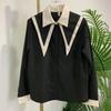 French Women's Shirt Patchwork Design Ladies Long Sleeved Blouse Loose and Versatile Bubble Sleeve Cardigan Top