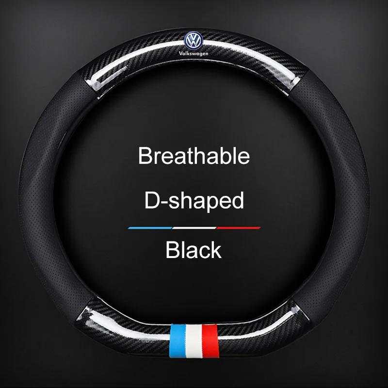 1Pcs Leather Carbon Fiber Car Steering Wheel Cover Emblem For VW B7 B6 B5 Golf 4 5 6 Polo Passat CC Jetta Mk6 Tiguan Gol Cross
