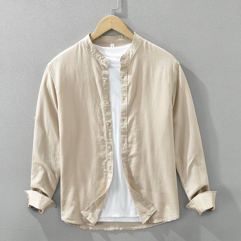 

Японская льняная рубашка с длинным рукавом и круглым вырезом, мужская рубашка большого размера из хлопка и льна с воротником-стойкой, белая рубашка XXXL хаки