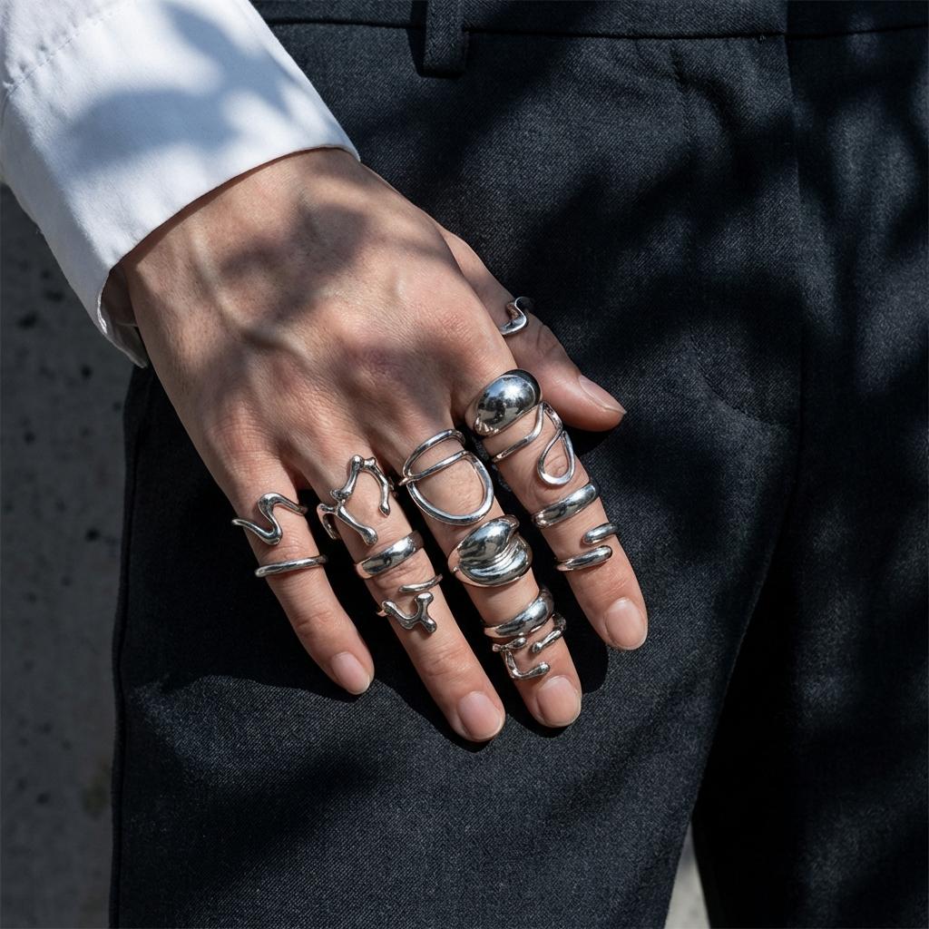 15Pcs Y2K Liquid Metal Irregular Rings Set for Women Silver Color Punk Grunge Goth Geometric Open Ring Kit Party Jewelry Gift