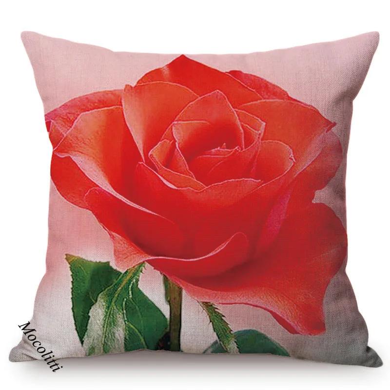Red Rose Floral Summer Plant Flower Harmony Home Art Sofa Decoration Throw Pillow Case Cotton Linen Cushion Cover Cojines