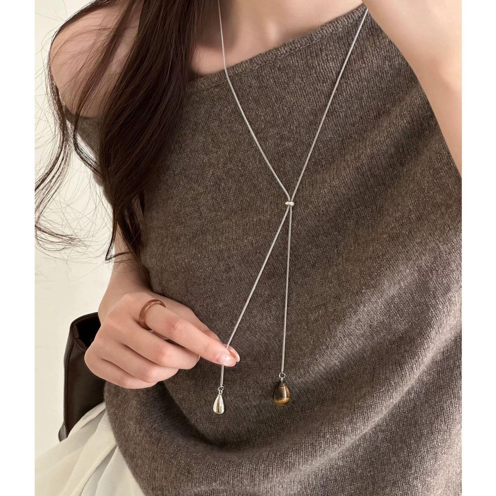 Tigerauge Stein Pulloverkette Titanstahl Anhänger Halskette Einfache Wassertropfenform Halskette