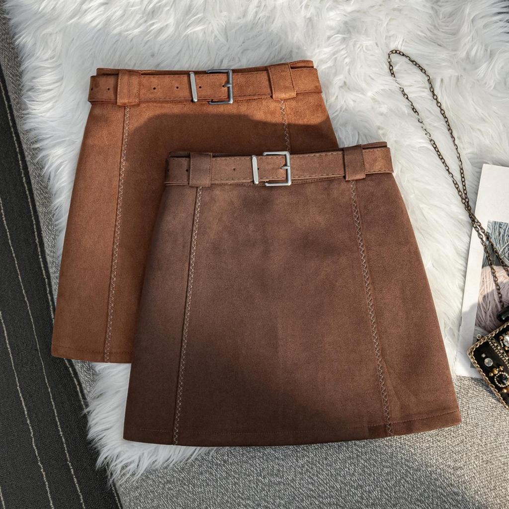 Plus Size Coffee Color Suede Velvet High Waist A-line Skirt – Anti-exposure, Hip-hugging, Short, for Women