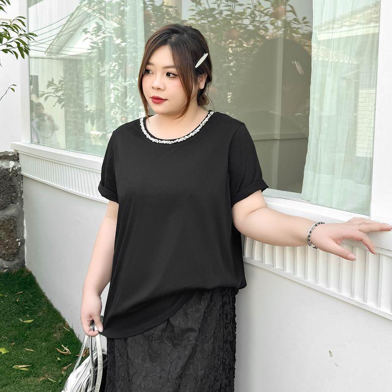 

Plus size women clothing [Shiny Diamond T] Chubby Girl Summer round Neck Short sleeve T-shirt 100.00kg Belly Covering Slimming Top Classic Black 6XL