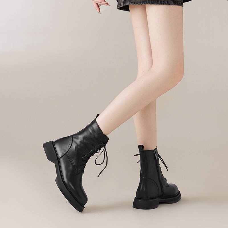 Krazing Pot Cow Skin Natural Fur Autumn Winter Shoes Thick Heels Western Boots Round Toe Keep Warm Lace Up Ankle Boots