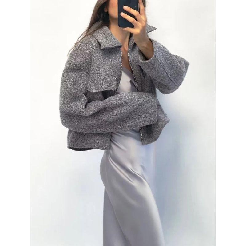 Fall and Winter New Arrival Women's Long-Sleeve Zipper Lapel Large Loose Pockets Woolen Short Jacket 3046273