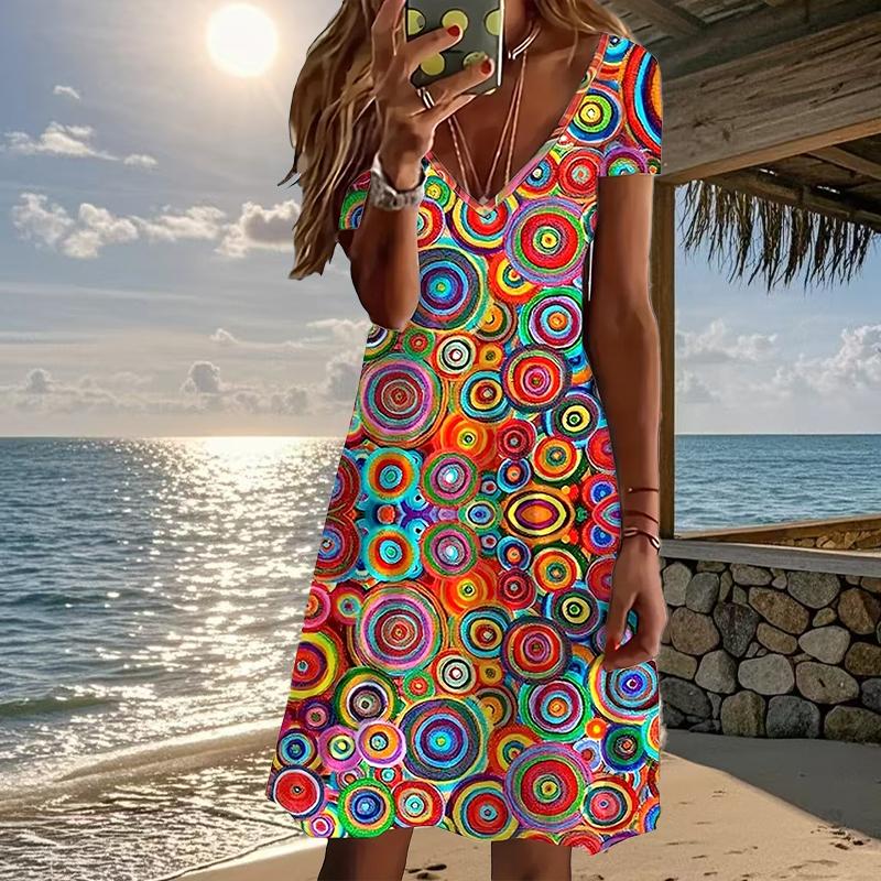 Sommermode Damen V-Ausschnitt Kurzarm Blumen bedrucktes Kleid Sex Kurzer Rock Kleider